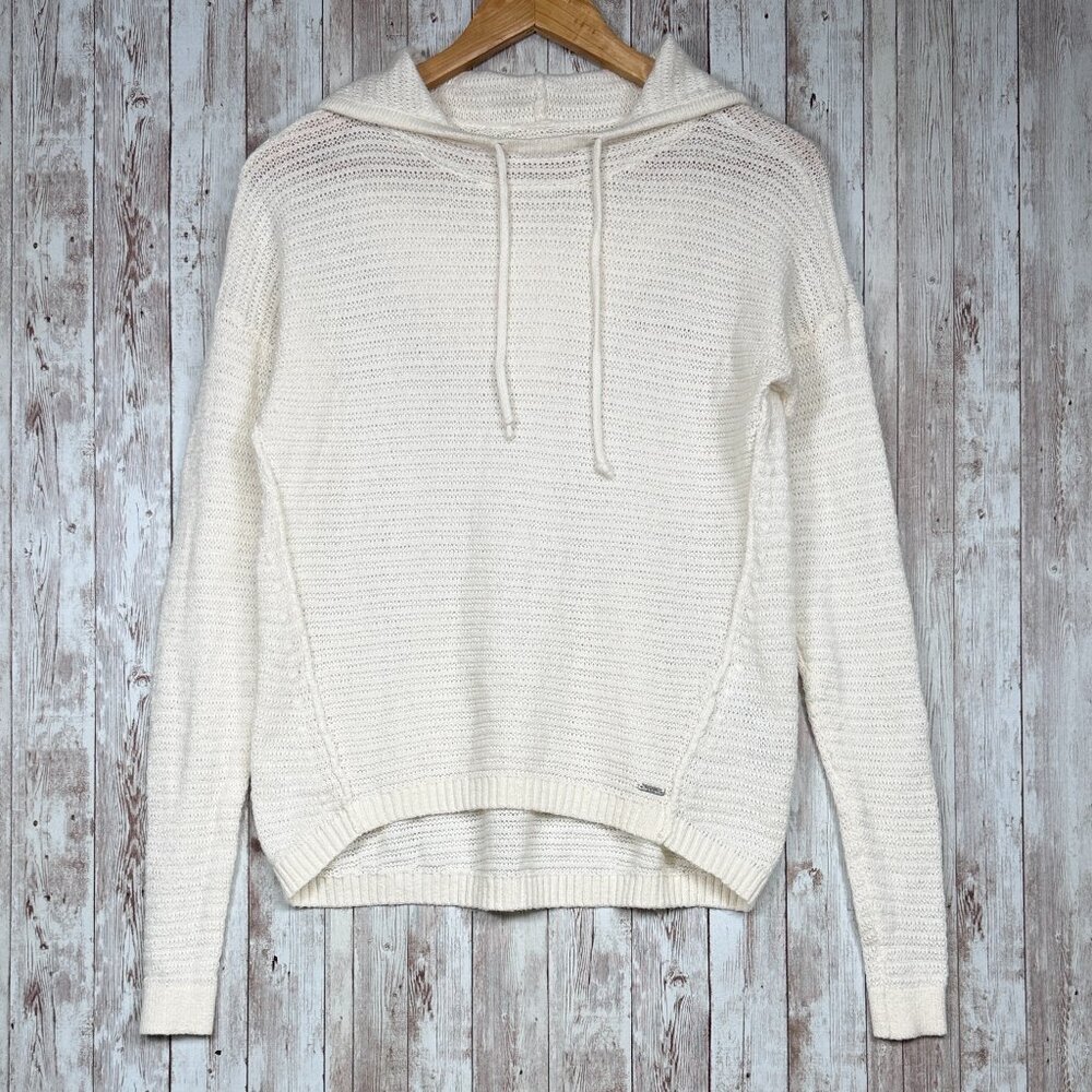 Abercrombie & Fitch Crochet Knit Sweater Top sz Medium Long Sleeve Hooded Cream